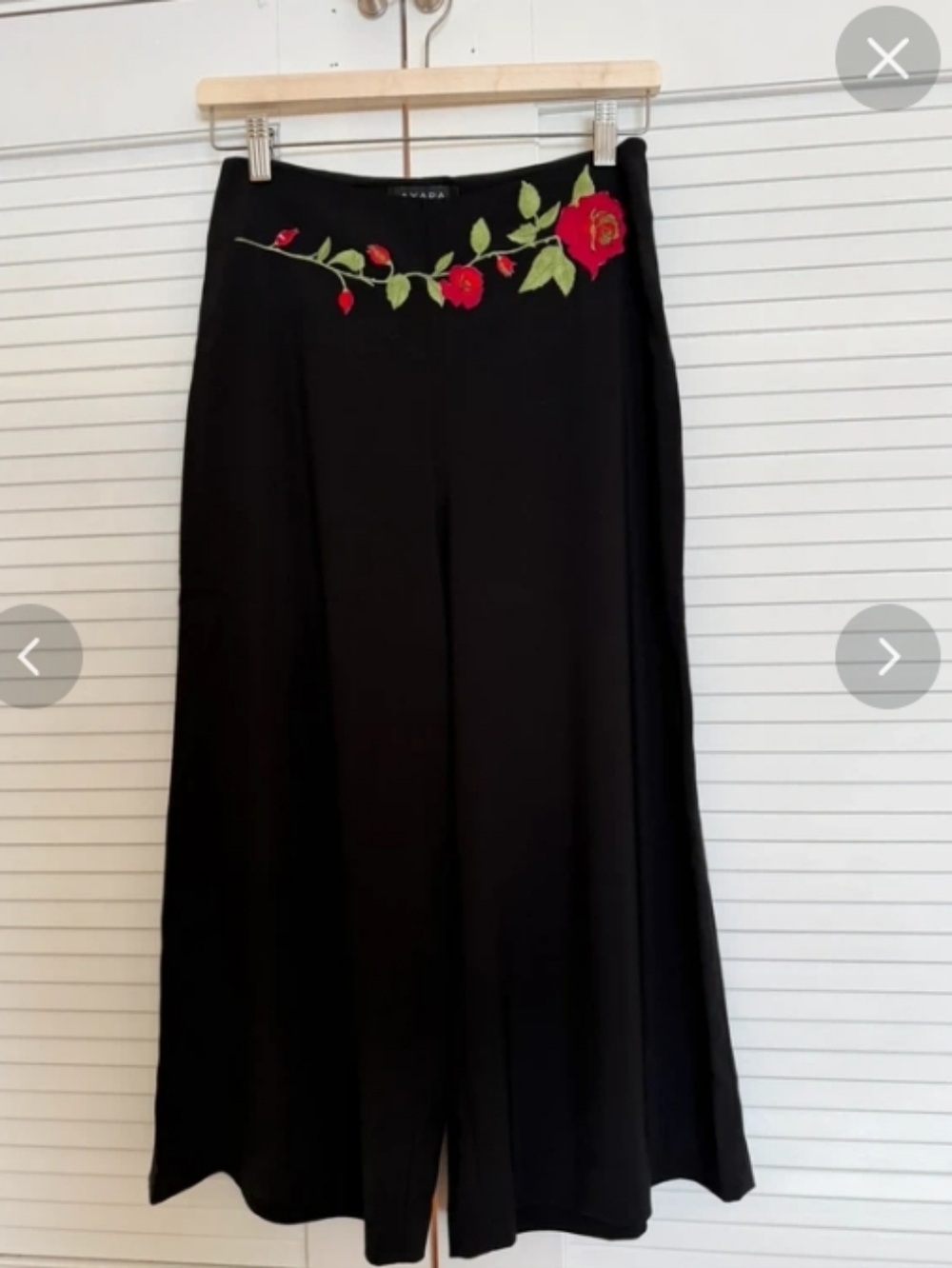 Axara Paris Sz 2 Black Rose Embroidered Wide Leg Gaucho/Culottes Pants
